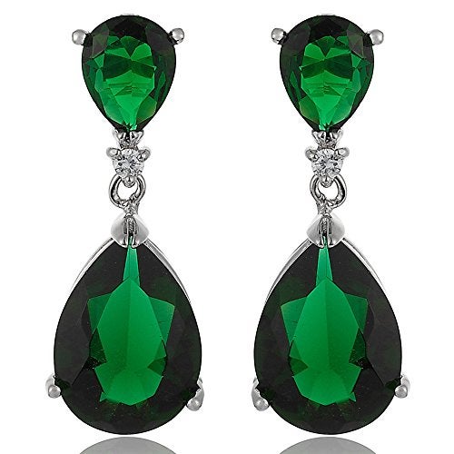 RIZILIA [RIZILIA CELEBOX] Teardrop Dangle Pierced 1.1" Earrings with Pear Cut CZ [Simulated Green Emerald] in White Gold Plated, Celebrity inspired by Angelina Jolie - Image 1