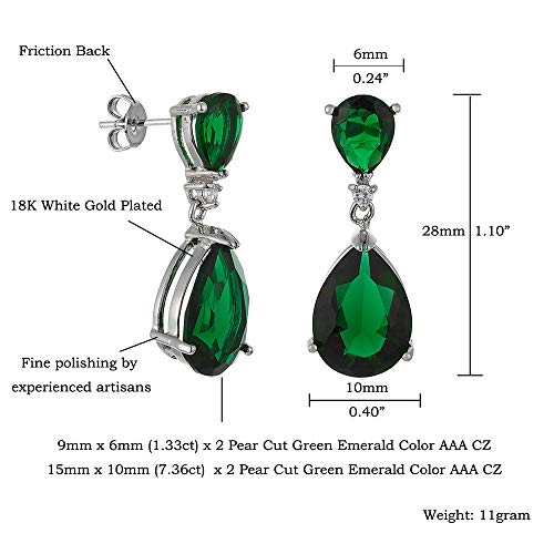 RIZILIA [RIZILIA CELEBOX] Teardrop Dangle Pierced 1.1" Earrings with Pear Cut CZ [Simulated Green Emerald] in White Gold Plated, Celebrity inspired by Angelina Jolie - Image 2