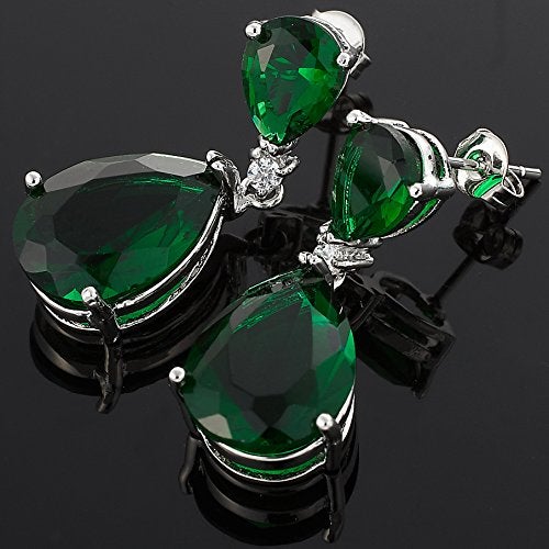 RIZILIA [RIZILIA CELEBOX] Teardrop Dangle Pierced 1.1" Earrings with Pear Cut CZ [Simulated Green Emerald] in White Gold Plated, Celebrity inspired by Angelina Jolie - Image 4