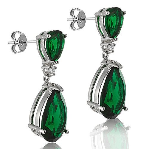 RIZILIA [RIZILIA CELEBOX] Teardrop Dangle Pierced 1.1" Earrings with Pear Cut CZ [Simulated Green Emerald] in White Gold Plated, Celebrity inspired by Angelina Jolie - Image 3