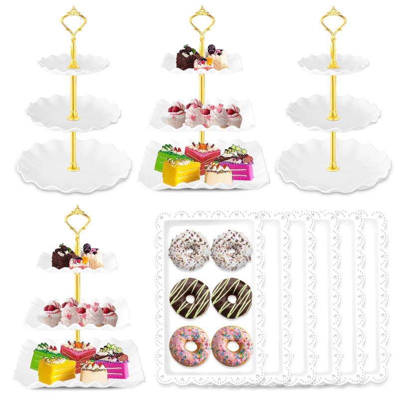 Hoedia 10 Pcs Cake Stand Plastic Dessert Table Display Set 4 Pcs 3 Tier Cupcake Stand Tower Holder and 6 Pcs Serving Tray for Tea Party Baby Shower Decorations