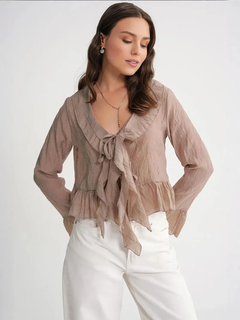 MixRay Mixray V-Neck Ruffle Blouse with Drawstring