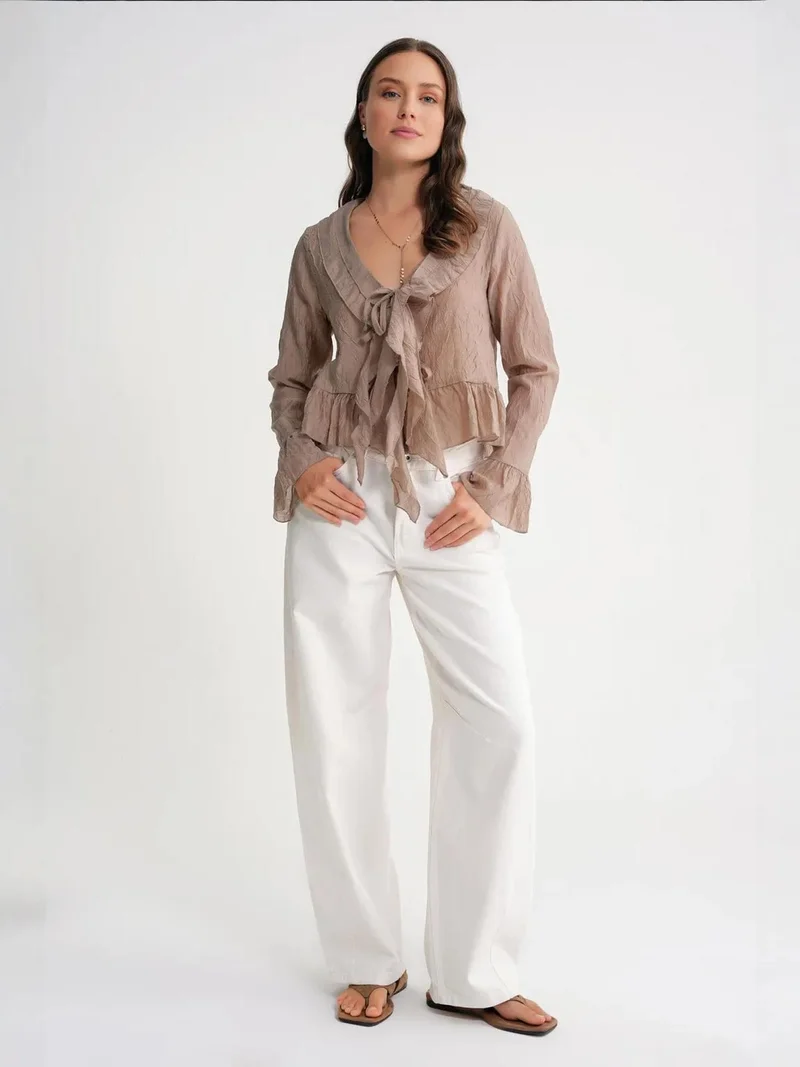 MixRay Mixray V-Neck Ruffle Blouse with Drawstring