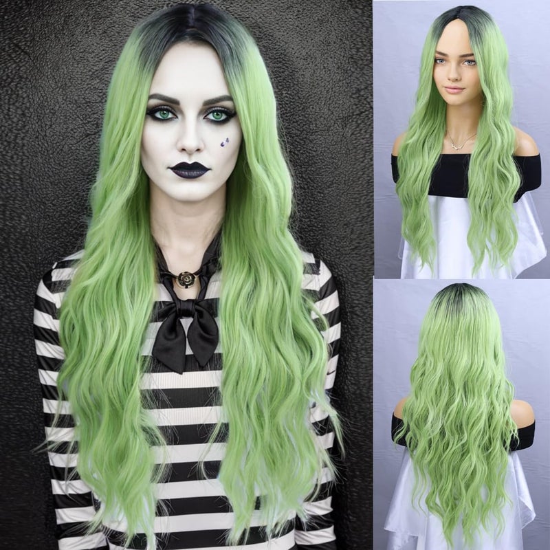 BERON Green Wig with Dark Roots Long Curly Wig Ombre Green Wigs for Women Costume Halloween Party Synthetic Wigs