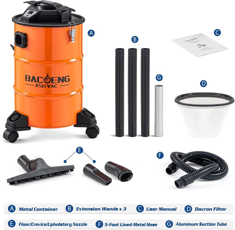 BACOENG 5.3-Gallon Ash Vacuum with Double Stage Filtration System, 10 Amp Ash Vacuum for Pellet Stoves with 1200W Powerful Suction, 5FT Metal Hose and 360° Rotating Wheel - Image 5