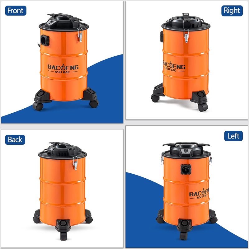 BACOENG 5.3-Gallon Ash Vacuum with Double Stage Filtration System, 10 Amp Ash Vacuum for Pellet Stoves with 1200W Powerful Suction, 5FT Metal Hose and 360° Rotating Wheel - Image 3