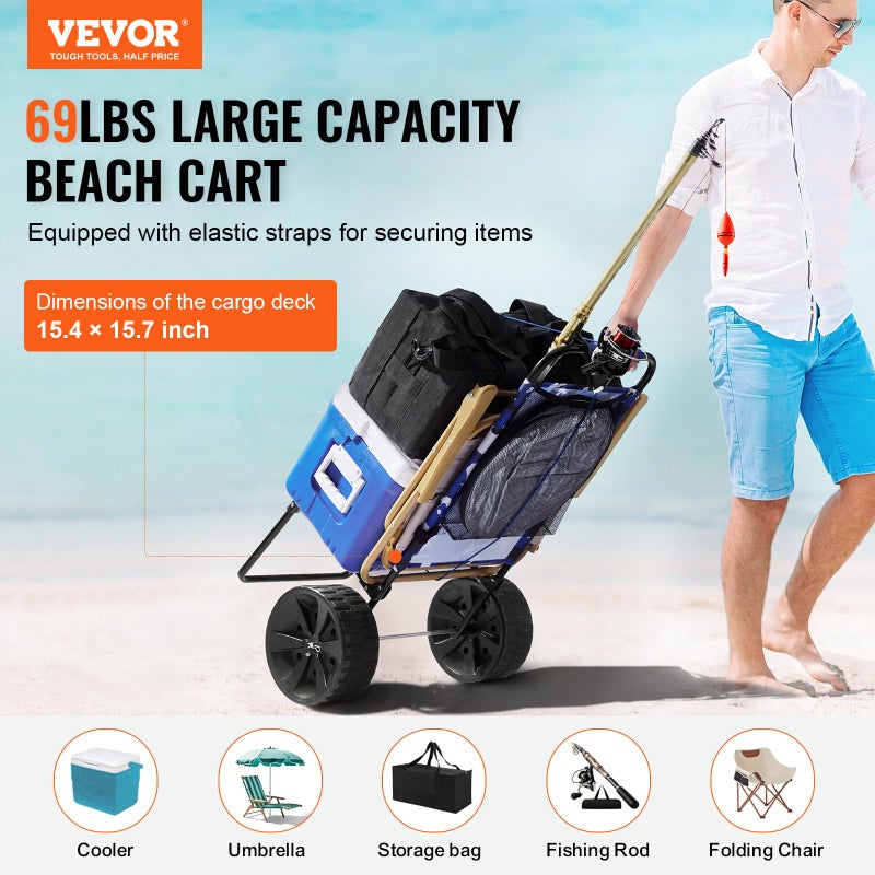 VEVOR Beach Dolly with Big Wheels for Sand, 15.4" x 15.7" Cargo Deck, w/ 10" PE Solid Wheels, 69LBS Loading Capacity Folding Sand Cart, Heavy Duty Cart for Picnic, Camping, Fishing, Beach, Gardening - Image 2