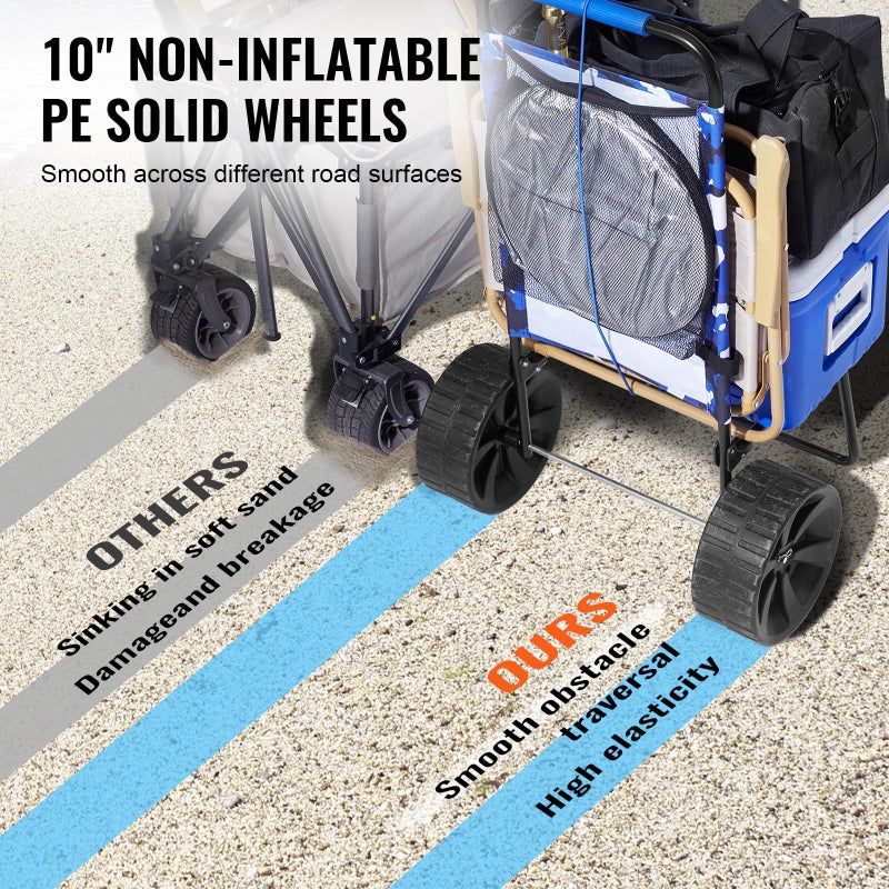 VEVOR Beach Dolly with Big Wheels for Sand, 15.4" x 15.7" Cargo Deck, w/ 10" PE Solid Wheels, 69LBS Loading Capacity Folding Sand Cart, Heavy Duty Cart for Picnic, Camping, Fishing, Beach, Gardening - Image 3