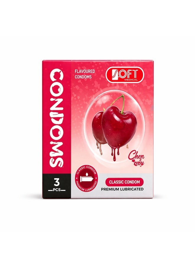 سوفت واقي ذكري بنكهة الكرز من SOFT Medical – كلاسيك مزلق بريميوم، 3 قطع، Flavoured Condoms للبالغين - Image 1