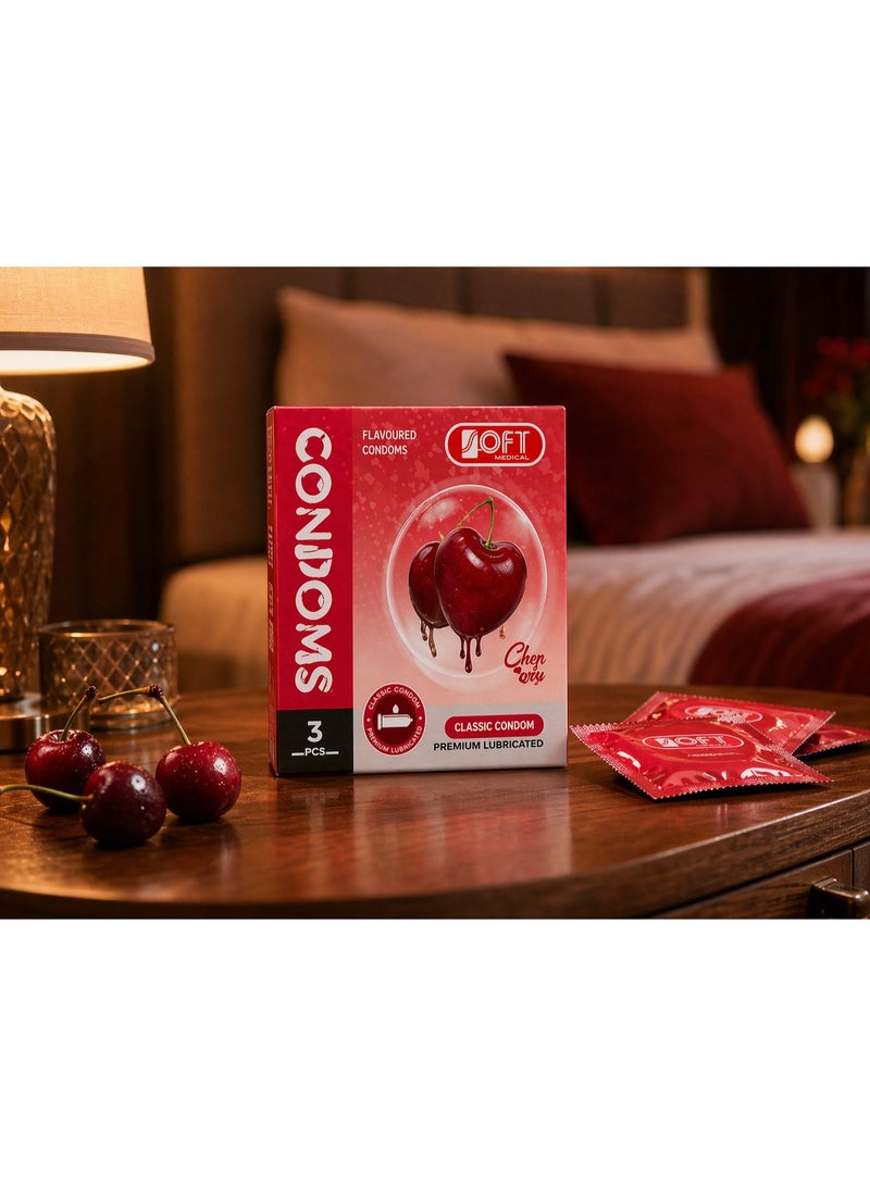 سوفت واقي ذكري بنكهة الكرز من SOFT Medical – كلاسيك مزلق بريميوم، 3 قطع، Flavoured Condoms للبالغين - Image 2