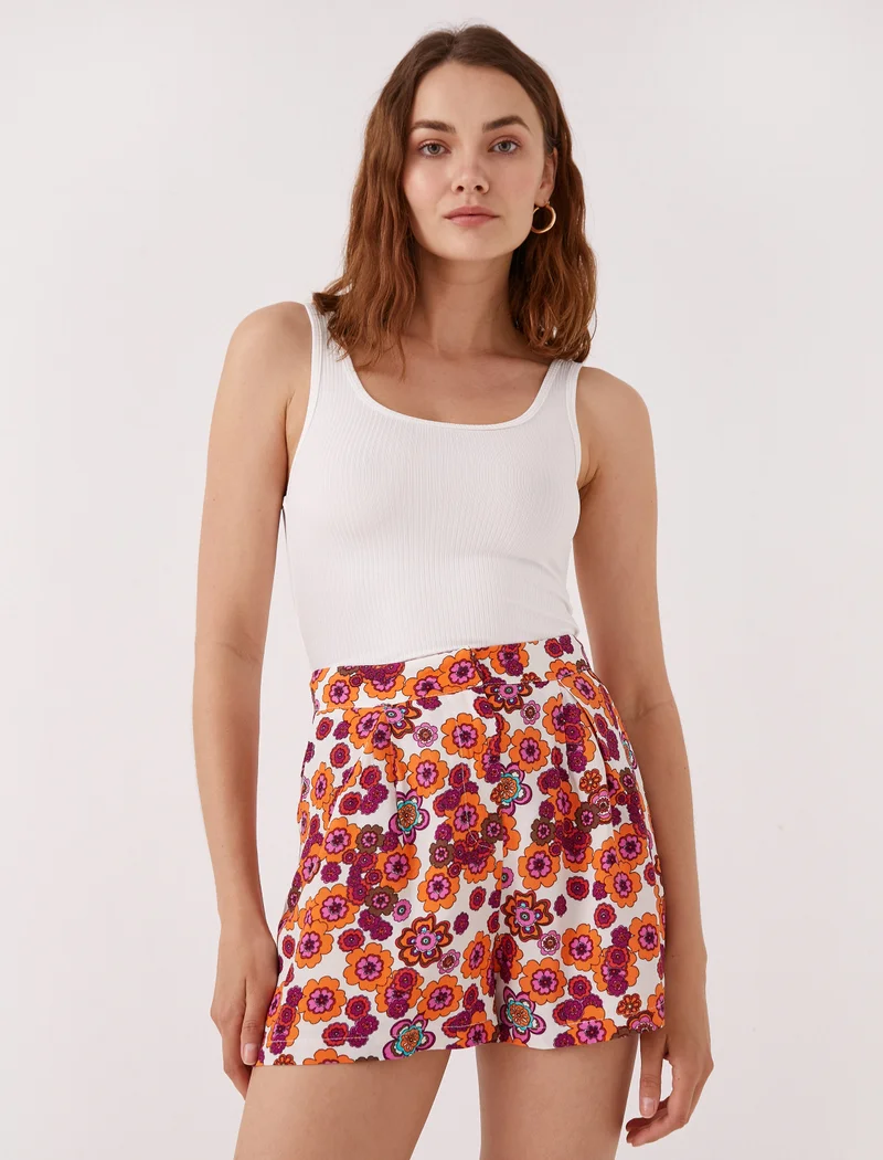 كوتون Retro Floral High-Waisted Shorts