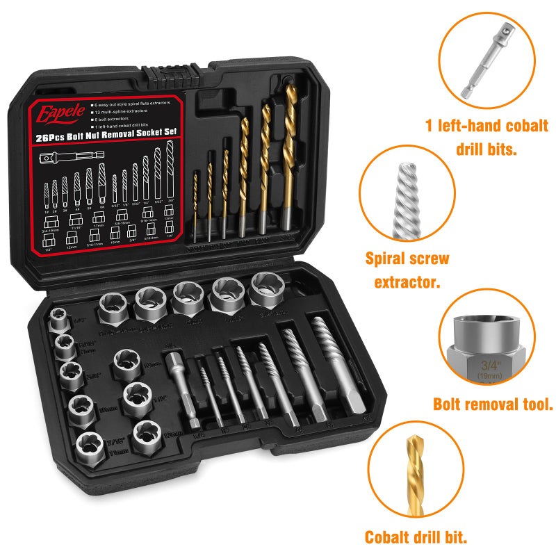 Eapele Bolt Extractor Set, Stripped Nut Remover Twist Sockets, Fit 3/8" Square Drive with Solid Storage Case(26pcs, Black) - Image 4