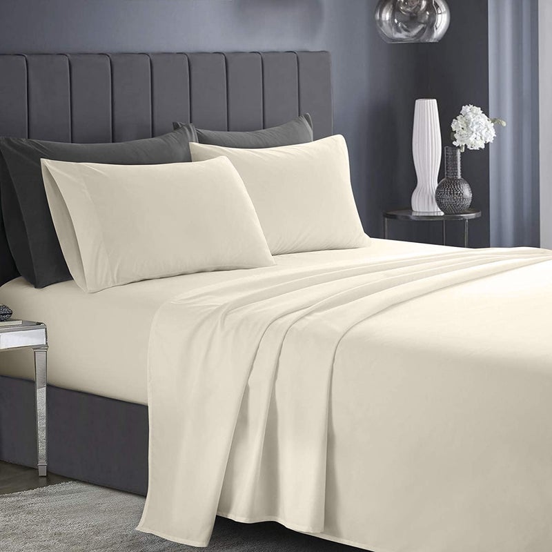 RISHAHOME Field test upgraded craftsmanship 3 Piece Bedsheet Set King Size|Beige Colour|1 Flat Bedsheet - 260x240 cm, 2 Pillowcases - 50x75 cm|Non allergic Microfiber for year-around use. Classic design alternatives - Image 1