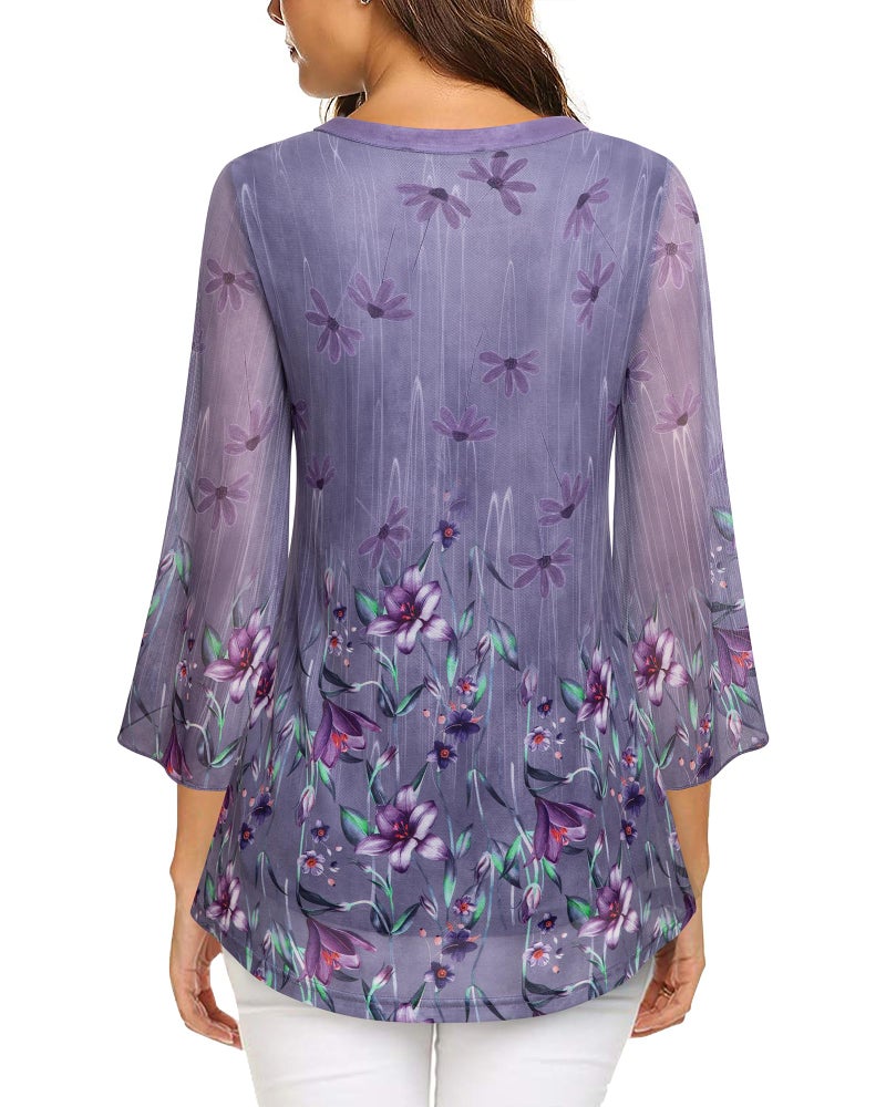 VALOLIA Bell Sleeve Tops for Women, Ladies Ruffle 3/4 Sleeve V Neck Tops and Blouses for Work Office Plus Size A-Line Swing Loose Fit Casual Lightweight Layered Tunics Shirt for Fall Purple Medium - Image 4