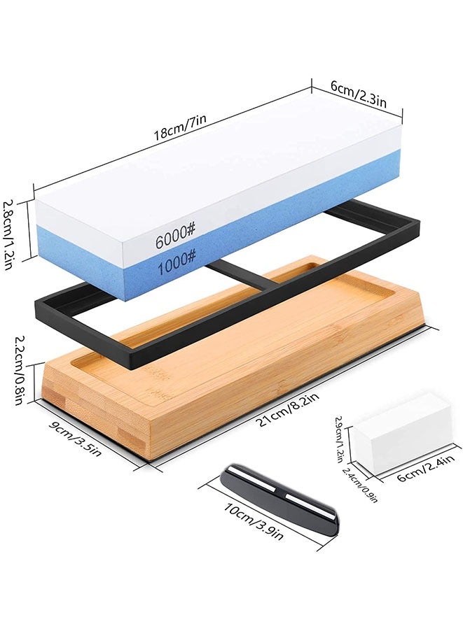 مويكسين حجر شحذ سكين الحجر الأبيض 1000/6000 حبيبة مع حجر مسطح، قاعدة من الخيزران غير قابلة للانزلاق، قواعد مطاطية غير قابلة للانزلاق ودليل زاوية - Image 3