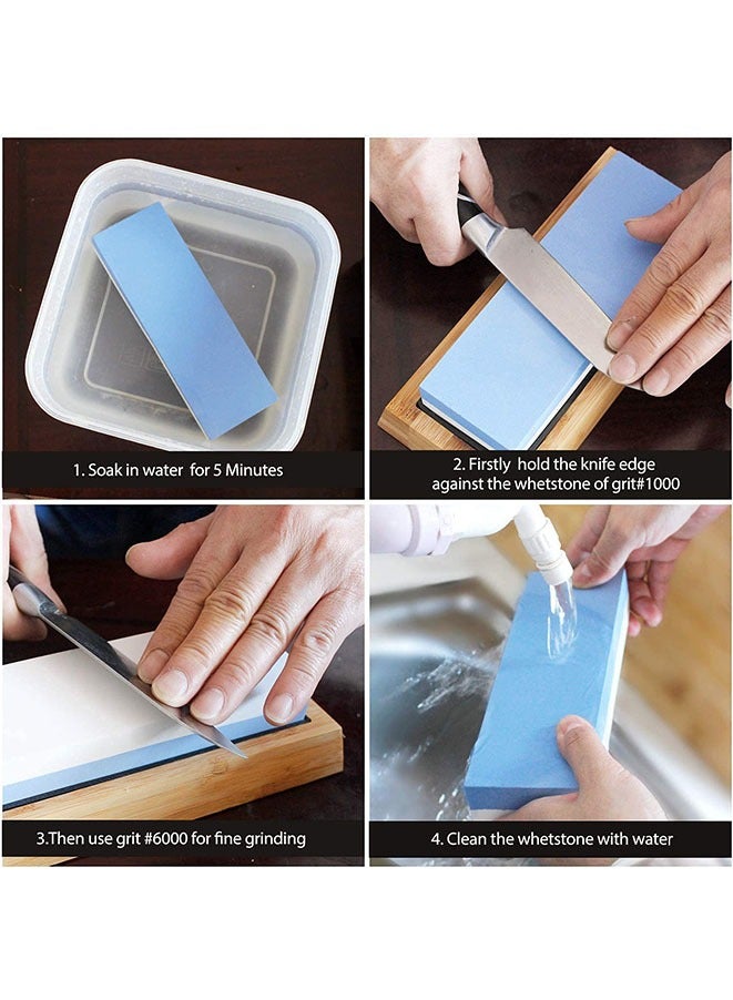 مويكسين حجر شحذ سكين الحجر الأبيض 1000/6000 حبيبة مع حجر مسطح، قاعدة من الخيزران غير قابلة للانزلاق، قواعد مطاطية غير قابلة للانزلاق ودليل زاوية - Image 4
