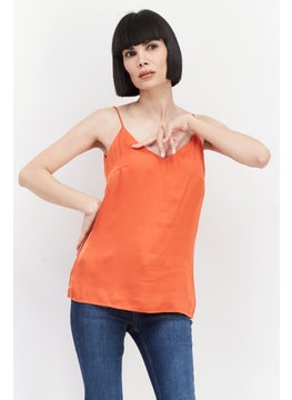 ESPRIT Women V-Neck Sleeveless Plain Tank Top, Orange  - Image 1