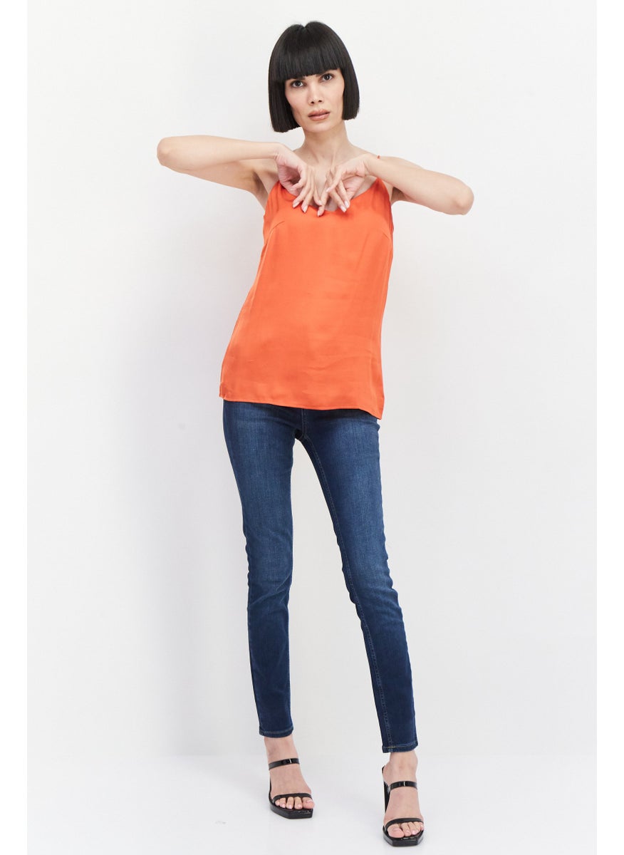 ESPRIT Women V-Neck Sleeveless Plain Tank Top, Orange  - Image 3