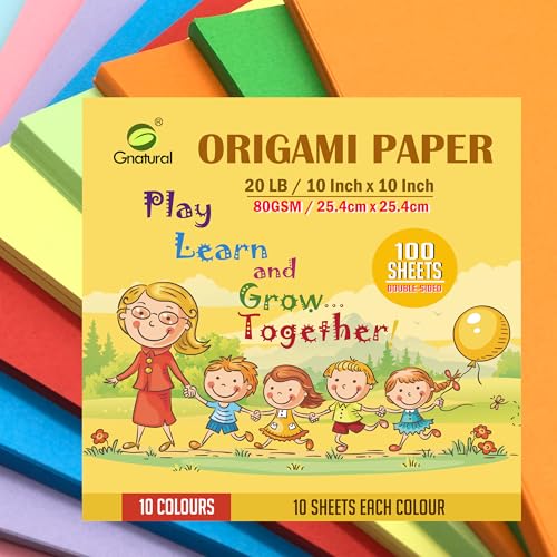gnatural 10 x 10 inch Large Origami Paper 20LB - 10 Colored 100 Sheets Double Sided Handmade Folding Paper Square Paper for Kids School DIY and Arts & Crafts - Image 1