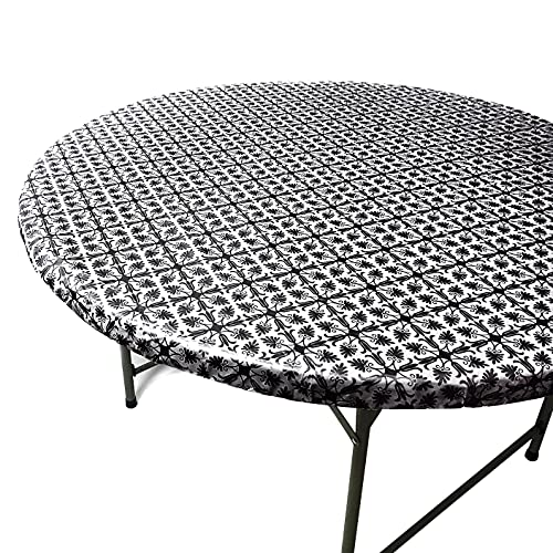 TopTableCloth Fits Tables up to 55 to 60 Inch Round Tablecloth Elastic Black Patterned Large Round TableCover Wedding Plastic Vinyl Fitted Table Cloth Flannel Backing Holidays Xmas Outdoor Party
