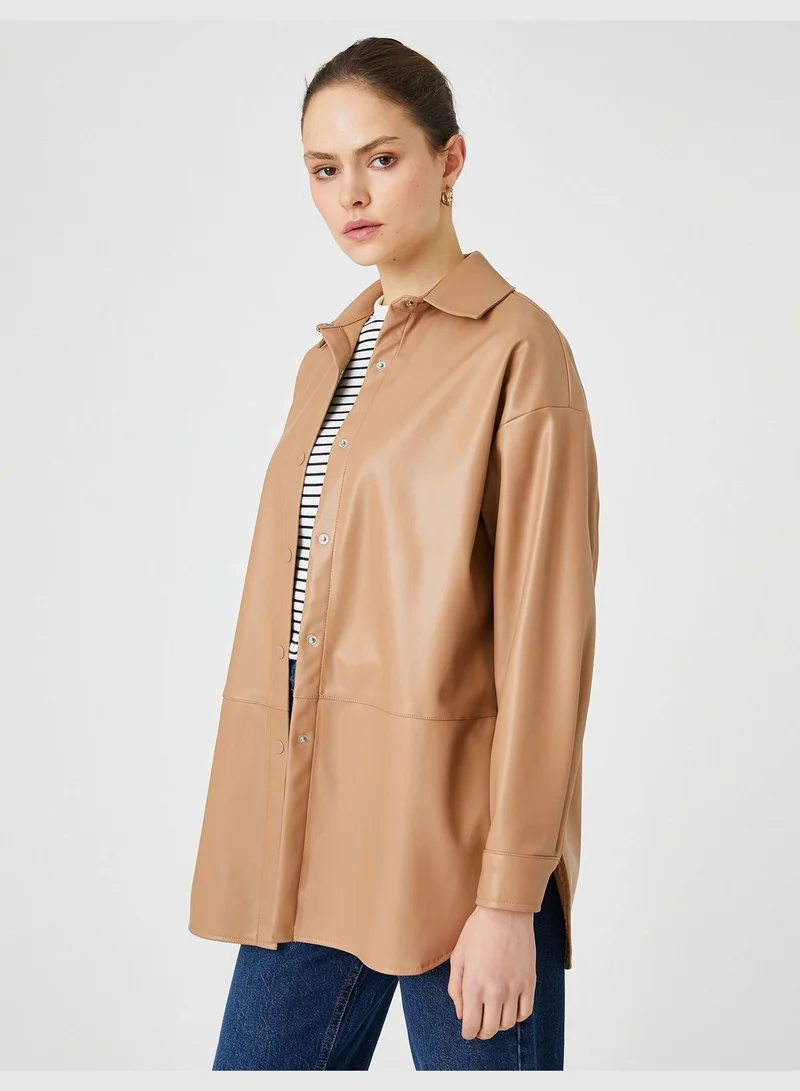 KOTON Faux Leather Shacket Snap Button Slit Detail