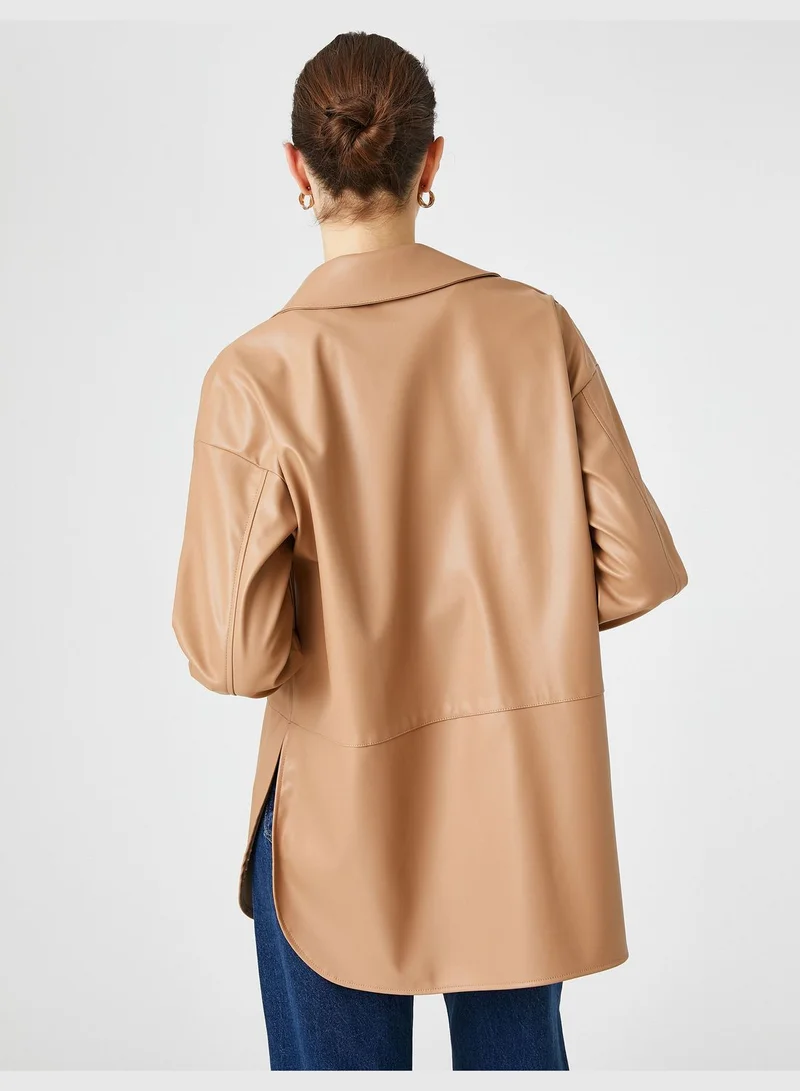 KOTON Faux Leather Shacket Snap Button Slit Detail