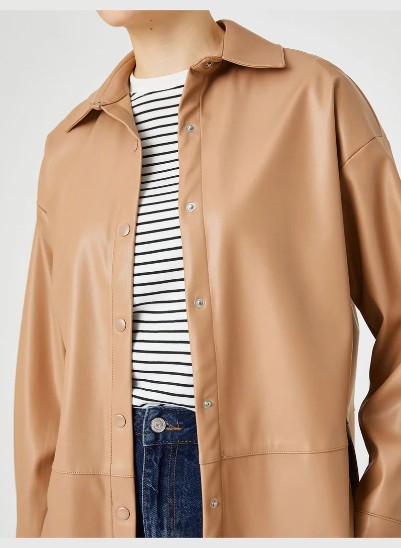 KOTON Faux Leather Shacket Snap Button Slit Detail