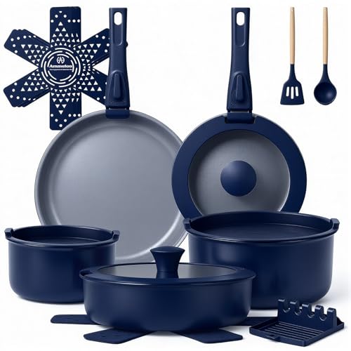 Ammeloo 18-Piece Ceramic Pots and Pans Set Non Stick, Non Toxic Cookware Set with Removable Handles, Pot Sets for Cooking, Induction Ready, Dishwasher & Oven Safe, PFAS PFOA & PTFE Free (Navy Blue) - Image 1