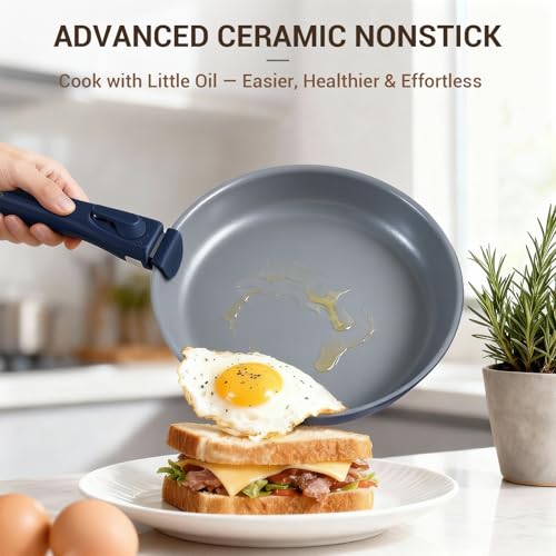 Ammeloo 18-Piece Ceramic Pots and Pans Set Non Stick, Non Toxic Cookware Set with Removable Handles, Pot Sets for Cooking, Induction Ready, Dishwasher & Oven Safe, PFAS PFOA & PTFE Free (Navy Blue) - Image 3