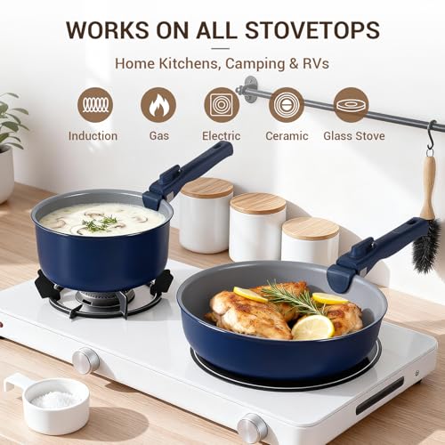 Ammeloo 18-Piece Ceramic Pots and Pans Set Non Stick, Non Toxic Cookware Set with Removable Handles, Pot Sets for Cooking, Induction Ready, Dishwasher & Oven Safe, PFAS PFOA & PTFE Free (Navy Blue) - Image 5