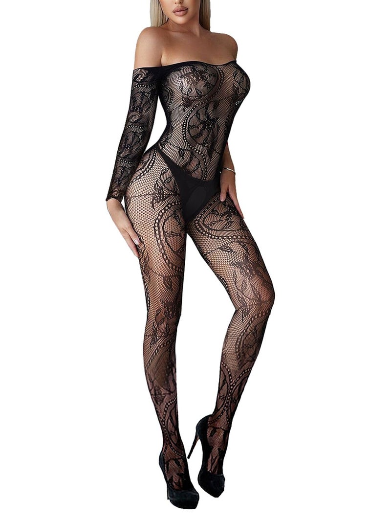 Buitifo Womens Fishnet Bodystocking Plus Size Crotchless Bodysuit Sexy Tights Soft Nightwear Lingerie (Black TSY,M) - Image 1