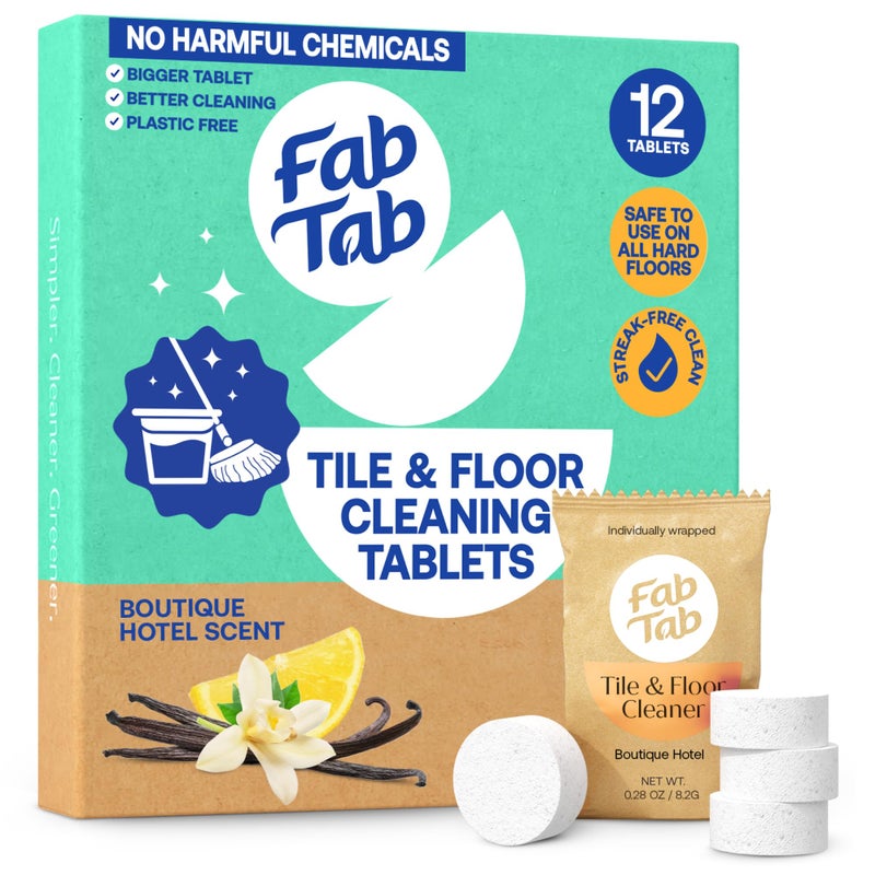 Fab Tab أقراص تنظيف الأرضيات الصلبة فاب تاب - أقراص قابلة للذوبان مسبقة القياس للأرضيات الخشبية، والبلاط، والفينيل. تركيبة قائمة على الإنزيمات، رائحة فندق بوتيك، نتائج خالية من الخطوط. - Image 1