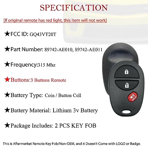 MechanMagic Car Key Fob Replacement for Toyota Tundra Tacoma Sequoia Sienna Highlander Keyless Entry Remote Control 2005 2006 2007 2008 2009 2010 2011 2012 2013 FCC ID:GQ43VT20T 2 Pack - Image 2