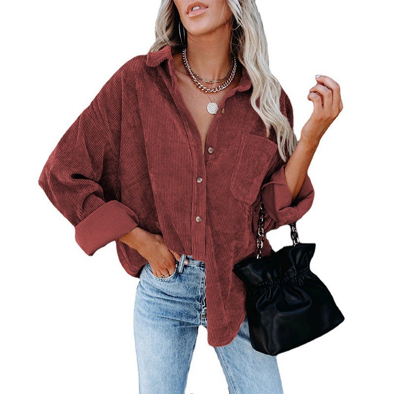 Autumn and Winter Womens Cross-border European and American Foreign Trade Oversize Loose Casual Corduroy Shirt Women Caramel color - Image 3