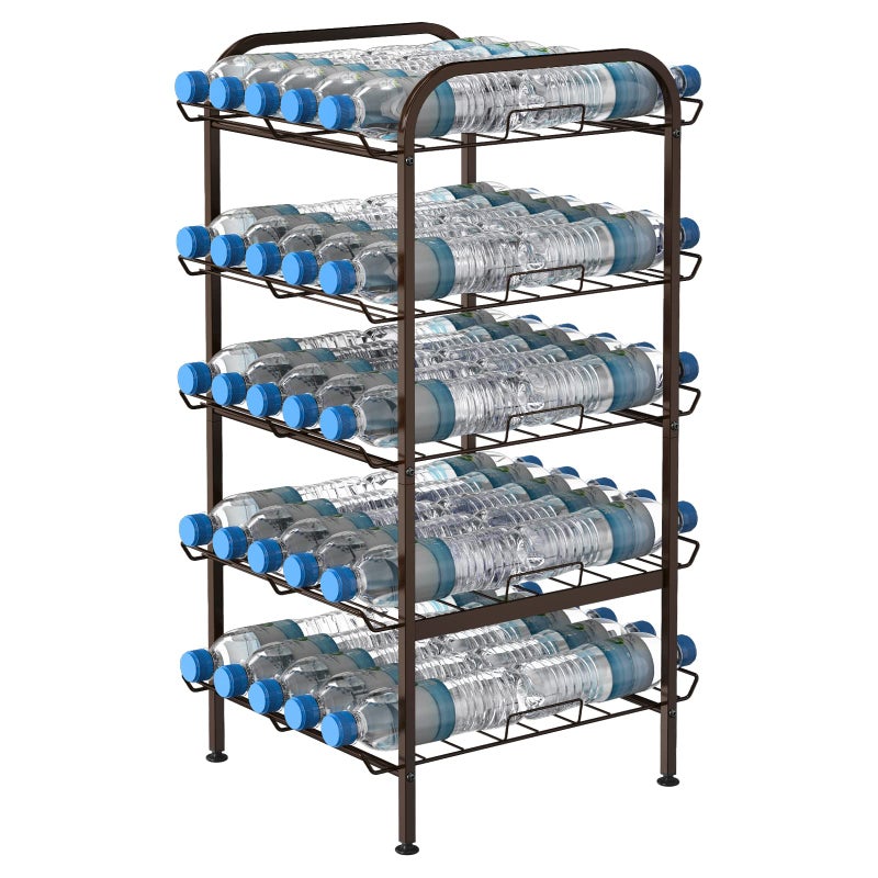 smusei 5 Tier Water Bottle Organizer Vertical Free Standing Storage Shelf Metal Beverage Rack Dispenser Large Capacity Bottled Water Holder Stand for Kitchen Party Pantry Bronze