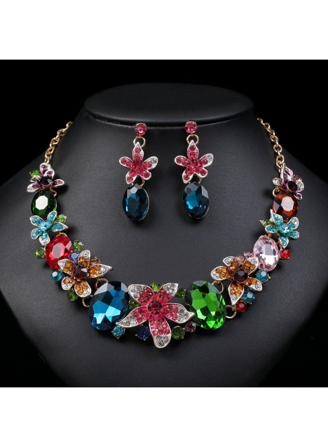 NIBEMINENT Exaggerated Vintage Crystal Colorful Necklace and Earrings Set