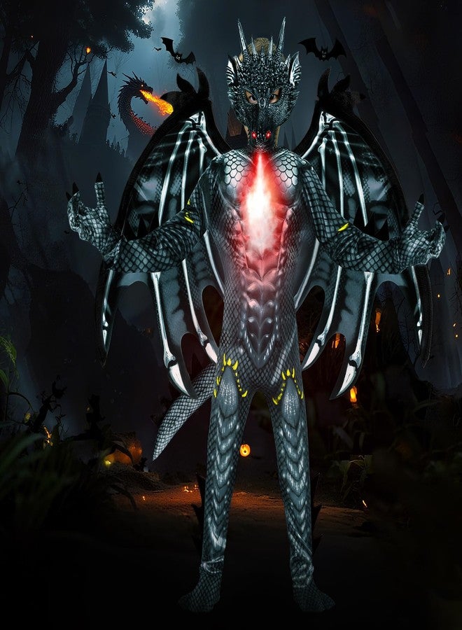 digi Dragon Costume for kids,Halloween costume Scary Goblin Dragon Full Body Jumpsuit with Wings Tail Spikes for boy 4-12 -Black - Image 5