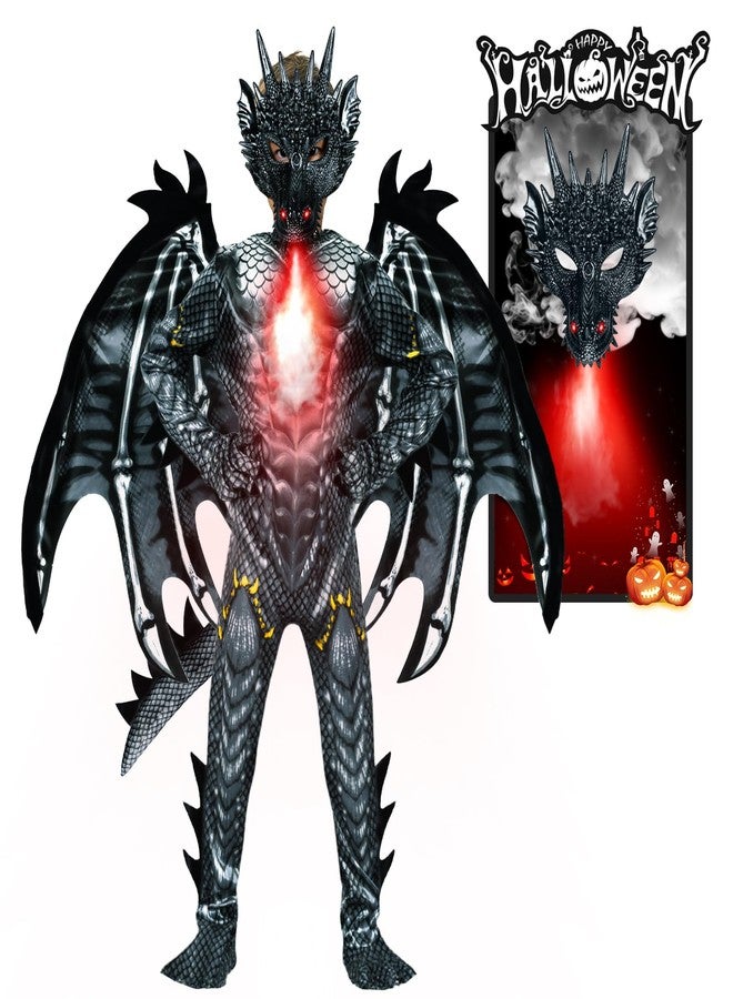 digi Dragon Costume for kids,Halloween costume Scary Goblin Dragon Full Body Jumpsuit with Wings Tail Spikes for boy 4-12 -Black - Image 1