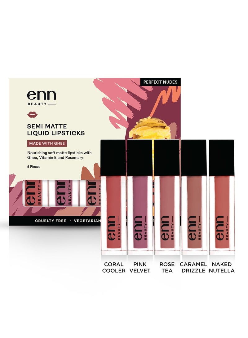 Enn Beauty Long Lasting Semi Matte Liquid Lipsticks with 12 Hour Coverage Transferproof Highly pigmented Goodness of Natural Ingredients With Perfect Nudes Colors Pack of 5 - Image 1