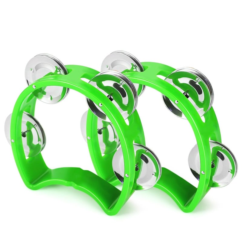 Flexzion Half Moon Musical Tambourine Set of 4, Red Yellow Blue Green, Double Row Metal Jingles Hand Held Percussion Drum with Ergonomic Handle Grip