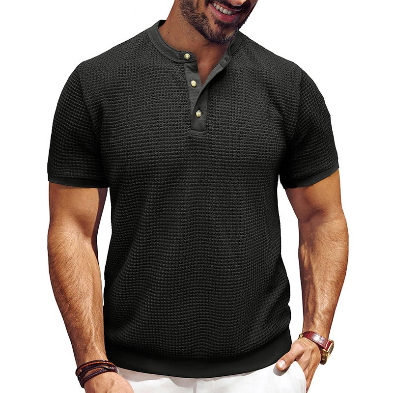 Men''s New Men''s Short-sleeved Texture Knitted Henry Shirt Foreign Trade and T-shirt Pullover - Image 1