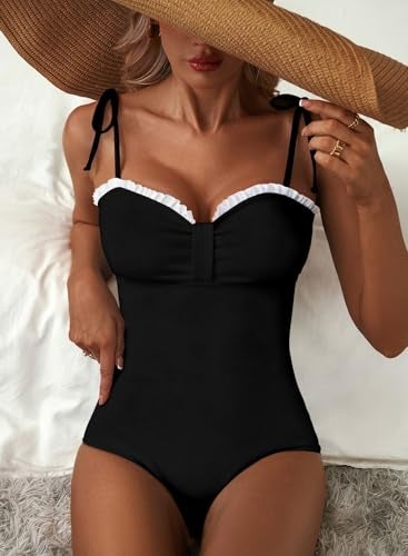 Herseas Women's One Piece Bathing Suits High Cut Removable Pad 2026 Summer Slimming Cute Striped Chic Sweetheart Neck Ruffled Trim Beach Outfits for Teens Black Small - Image 3