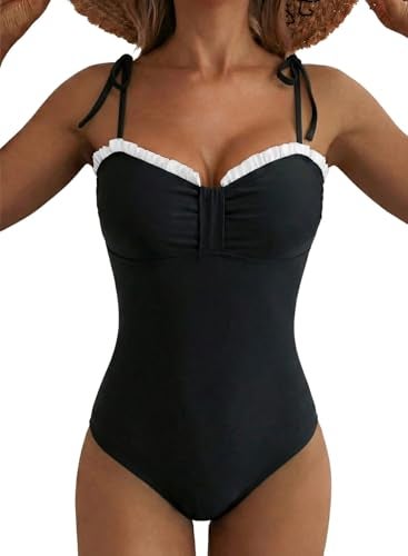 Herseas Women's One Piece Bathing Suits High Cut Removable Pad 2026 Summer Slimming Cute Striped Chic Sweetheart Neck Ruffled Trim Beach Outfits for Teens Black Small - Image 1