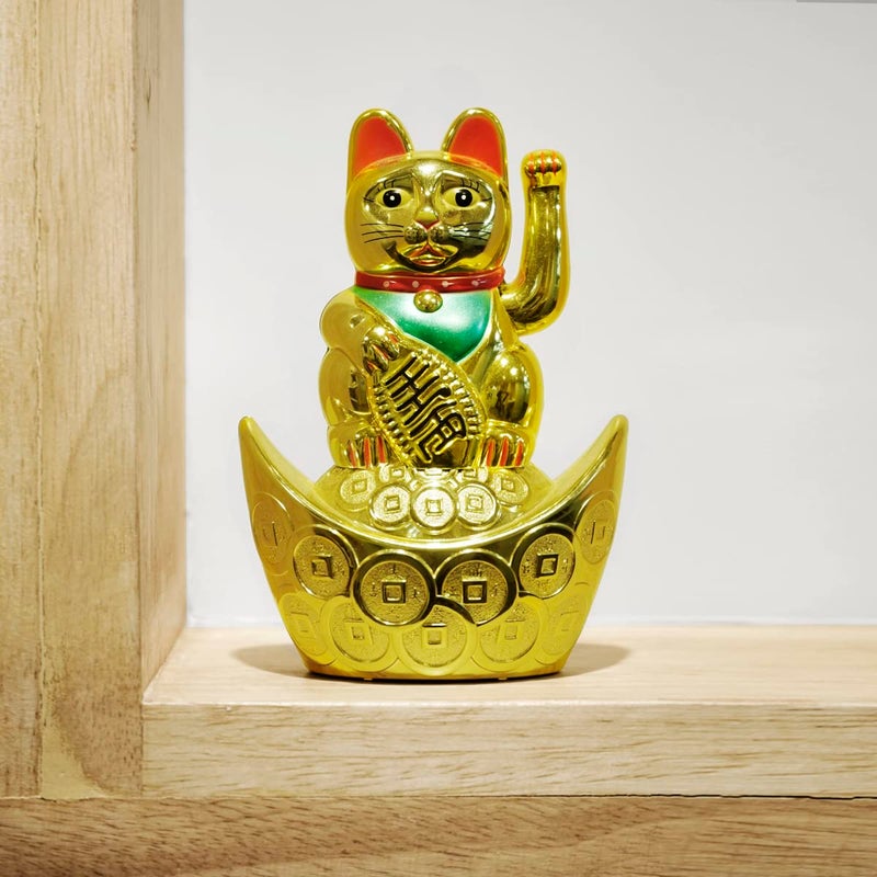 9Dzine Chinese Maneki Neko Lucky Cat for Home Decor Items Feng Shui Sitting On Money Ingot Boat Waving Arm Cat Statue for Wealth Prosoerity Showpieces Small - Image 3