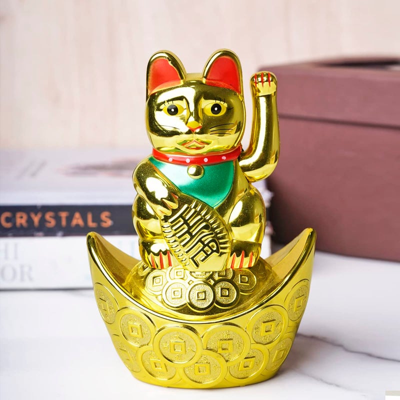 9Dzine Chinese Maneki Neko Lucky Cat for Home Decor Items Feng Shui Sitting On Money Ingot Boat Waving Arm Cat Statue for Wealth Prosoerity Showpieces Small - Image 2