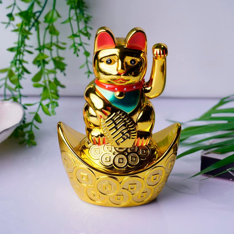 9Dzine Chinese Maneki Neko Lucky Cat for Home Decor Items Feng Shui Sitting On Money Ingot Boat Waving Arm Cat Statue for Wealth Prosoerity Showpieces Small - Image 1