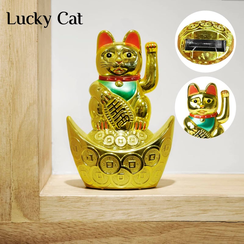 9Dzine Chinese Maneki Neko Lucky Cat for Home Decor Items Feng Shui Sitting On Money Ingot Boat Waving Arm Cat Statue for Wealth Prosoerity Showpieces Small - Image 5