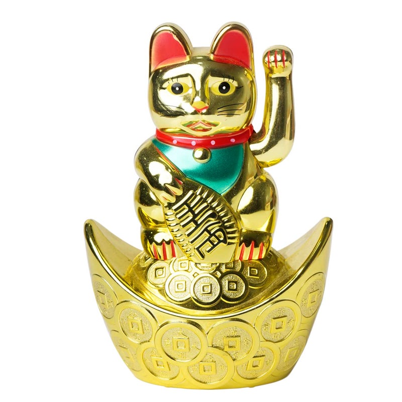 9Dzine Chinese Maneki Neko Lucky Cat for Home Decor Items Feng Shui Sitting On Money Ingot Boat Waving Arm Cat Statue for Wealth Prosoerity Showpieces Small - Image 4