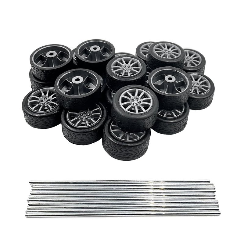 URIMPAVIDO 20PCS Small Toy Car Wheel 16mm Model Car Mini Rubber Tire Wheels with 10PCS Shaft Round Rod Axles for DIY Model Toy RC Car Truck Robot Building Accessories Silver 2x16mm - Image 3