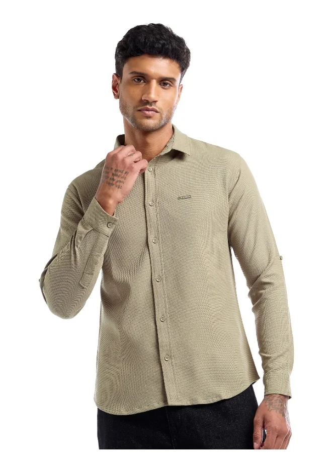Beyoung Sage Green Waffle Texture Shirt for Men